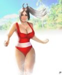  1girl beach breasts brown_eyes brown_hair cleavage daniel_fernando_sanchez highres huge_breasts king_of_fighters lips long_hair looking_at_viewer one-piece_swimsuit ponytail red_swimsuit running shiranui_mai smile solo swimsuit 