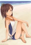  1girl barefoot beach blush brown_eyes brown_hair i-401_(kantai_collection) kantai_collection looking_at_viewer one-piece_swimsuit ponytail rough sailor_collar school_swimsuit school_uniform short_hair short_ponytail sitting smile solo swimsuit tan wa_(genryusui) 