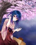  1girl blue_hair blush cherry_blossoms everythinghoney girlfriend_(kari) hibara_eiko japanese_clothes looking_at_viewer solo 