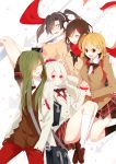  5girls black_hair blazer blonde_hair bowtie closed_eyes enomoto_takane green_hair hair_ornament hair_over_one_eye hairclip headphones kagerou_project kido_tsubomi kisaragi_momo kozakura_mary long_hair multiple_girls red_eyes ribbon scarf school_uniform side_ponytail skirt smile sweater tateyama_ayano tong1494 twintails 