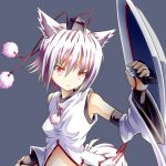  1girl :&lt; animal_ears ayami-0 bare_shoulders blue_background breasts detached_sleeves fingerless_gloves gloves hat inubashiri_momiji midriff pom_pom_(clothes) red_eyes shield short_hair silver_hair simple_background solo tail tokin_hat touhou wolf_ears wolf_tail 