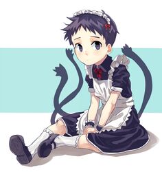  1boy apron black_dress black_eyes black_hair blue_background blush crossdressinging dress fullmetal_alchemist gotnojob headdress looking_at_viewer maid maid_apron maid_headdress pride red_ribbon ribbon selim_bradley shoes short_hair sitting socks solo two-tone_background white_background wrist_cuffs 