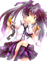  1girl cellphone cross-laced_footwear food hair_ribbon hamburger hat himekaidou_hatate knee_up kneehighs long_hair necktie open_mouth paintbrush phone puffy_short_sleeves puffy_sleeves ribbon short_sleeves skirt solo tagme tokin_hat touhou twintails very_long_hair violet_eyes yuichiitan 