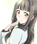  1girl blush from_behind grey_hair ikari_manatsu long_hair looking_at_viewer looking_back love_live!_school_idol_project minami_kotori&#039;s_mother mother simple_background smile solo white_background yellow_eyes 