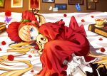  1girl bed blonde_hair blue_eyes bonnet book butterfly cup dog doll_hug dress fetal_position flower hair_ribbon hug long_hair looking_at_viewer lying on_bed pale_skin petals picture_(object) red_dress ribbon rose rose_petals rozen_maiden samizuban shinku solo stuffed_animal stuffed_toy tea teacup twintails very_long_hair 
