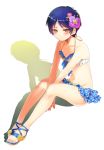  1girl ball beachball bikini blue_bikini blue_hair blush eren_jaeger flower genderswap hair_flower hair_ornament highres polka_dot polka_dot_swimsuit red_eyes sandals shingeki_no_kyojin short_hair sitting smile solo swimsuit tachibana_amane_(amane01a) 