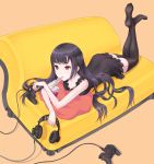  1girl black_dress black_hair black_legwear breasts controller couch dress game_controller headphones kazuoki long_hair lying mouth_hold on_stomach original playstation_3 solo thigh-highs violet_eyes 