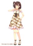  1girl blush brown_hair hack_waltz hand_on_hip highres looking_at_viewer short_hair simple_background solo white_background 