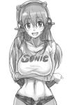  1girl absurdres breast_hold breasts clothes_writing headphones highres large_breasts long_hair looking_at_viewer monochrome navel nitroplus open_mouth panties shinn0512 smile solo super_sonico underwear 