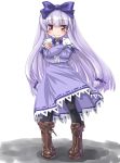 1girl 3.1-tan :3 black_legwear blush boots bow dd_(ijigendd) dress hair_ornament hime_cut long_hair looking_at_viewer os-tan pantyhose personification pigeon-toed purple_hair red_eyes ribbon simple_background solo 
