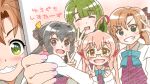  4girls ahoge akigumo_(kantai_collection) blue_eyes blush braid brown_hair g3pen glasses green_hair grin kantai_collection long_hair looking_at_viewer makigumo_(kantai_collection) multiple_girls naganami_(kantai_collection) open_mouth photo_(object) pink_hair ponytail school_uniform smile very_long_hair yellow_eyes yuugumo_(kantai_collection) 