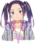  1girl autoway ban_narumi blue_eyes blush bust collarbone flat_chest headphones headphones_around_neck hoodie ikinari_ban! kansou_hada long_hair looking_at_viewer multicolored_hair pout simple_background solo transparent_background twintails two-tone_hair 