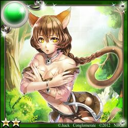  .hack// .hack//link 1girl 2012 animal_ears box_(hotpppink) bracelet braid breasts brown_hair cat_ears choker cleavage covering guilty_dragon injury jewelry long_hair scar shorts solo star tabby yellow_eyes 