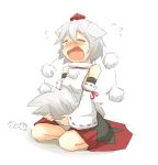  1girl animal_ears bare_shoulders blush closed_eyes crying detached_sleeves fang hat inubashiri_momiji open_mouth pom_pom_(clothes) red_eyes shirt silver_hair simple_background sitting skirt solo tail tears tokin_hat touhou wariza white_background white_shirt wolf_ears wolf_tail 