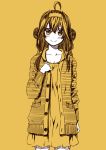  1girl ahoge alternate_costume casual collarbone double_bun dress hairband kantai_collection kongou_(kantai_collection) kouji_(campus_life) long_hair long_sleeves looking_at_viewer monochrome smile 