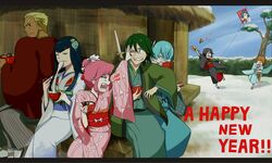  3boys 4girls adapted_costume anzu_(tkg0705) black_hair blonde_hair blue_hair brown_hair eating food gamagoori_ira green_hair guts_(kill_la_kill) hair_ornament hand_on_another&#039;s_face haori highres inumuta_houka jakuzure_nonon japanese_clothes junketsu kill_la_kill kimono kiryuuin_satsuki kite mankanshoku_mako matoi_ryuuko mikisugi_aikurou multiple_boys multiple_girls obi pink_hair sanageyama_uzu sash senketsu sitting 