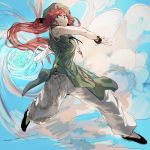  1girl alternate_costume bandages blue_eyes bow bracelet braid chinese_clothes clouds colored fighting_stance geppewi hair_bow hair_ornament hat hong_meiling jewelry long_hair looking_at_viewer looking_down necklace pants redhead shirt shoes short_sleeves sketch smile solo touhou twin_braids 