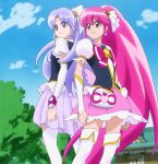  2girls aino_megumi arm_warmers artist_request boots cure_fortune cure_lovely detached_sleeves earrings fingerless_gloves gloves hair_ornament happinesscharge_precure! heart heart_hair_ornament highres hikawa_iona jewelry long_hair looking_afar magical_girl multiple_girls official_art pink_eyes pink_hair pink_skirt ponytail precure puffy_sleeves purple_hair purple_skirt ribbon screencap serious shirt skirt standing thigh-highs thigh_boots thighs vest violet_eyes white_legwear wrist_cuffs zettai_ryouiki 