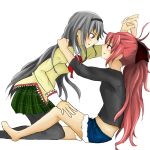  2girls akemi_homura black_hair black_legwear blush bow casual eye_contact hair_bow hand_on_another&#039;s_knee hand_on_another&#039;s_shoulder hariband holding_hands interlocked_fingers long_hair looking_at_another mahou_shoujo_madoka_magica multiple_girls ponytail red_eyes redhead sakura_kyouko school_uniform shorts simple_background skirt violet_eyes white_background yuri 