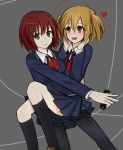  2girls antenna_hair arachnid_(series) bad_id blonde_hair blush brown_hair fujii_alice gokiburi_(arachnid) green_eyes hands_on_own_face multiple_girls pantyhose pleated_skirt school_uniform serious short_hair skirt smile string thread xd_li yellow_eyes 