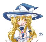  1girl blonde_hair blush bow braid bust dated futami_yayoi hair_bow hat hat_ribbon heart kirisame_marisa long_hair looking_at_viewer open_mouth puffy_short_sleeves puffy_sleeves ribbon short_sleeves simple_background single_braid solo touhou vest white_background witch_hat wrist_cuffs yellow_eyes 