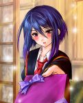  1girl blue_hair blush everythinghoney girlfriend_(kari) hibara_eiko incoming_gift necktie school_uniform short_hair smile 