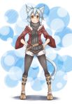  1girl animal_ears blue_hair boots bubble_background cat_ears cat_tail fur_trim hands_on_hips jacket legs_apart legwear_under_shorts long_sleeves looking_at_viewer orange_eyes original pantyhose ryota_tentei scar shorts smile solo sweater tail wide_sleeves 