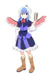  bird_wings blue_hair book boots bow bowtie capelet cato_(monocatienus) frilled_skirt frills hand_on_hip head_wing highres horns large_bow long_sleeves looking_at_viewer multicolored_hair sash skirt tokiko_(touhou) touhou tunic violet_eyes white_background white_hair wide_sleeves wings 