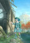  1girl autumn_leaves backpack bag blue_eyes blue_hair boots clock expressionless facing_away grandfather_clock grass hair_bobbles hair_ornament hat highres kawashiro_nitori key leaf long_sleeves mountain pochi_(poti1990) rock rubber_boots ruins short_hair skirt skirt_hold skirt_set soaking_feet solo stream touhou tree twintails water water_wheel wet wet_clothes 