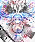  1girl blue_eyes blue_hair floating_hair hands_on_own_chest hatsune_miku hoshino_kisora long_hair musical_note skirt solo tears thigh-highs twintails vocaloid 