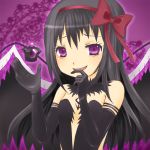  1girl akemi_homura akuma_homura bare_shoulders black_hair bow choker dark_orb_(madoka_magica) dress elbow_gloves feathered_wings gloves hair_bow hand_to_own_mouth long_hair looking_at_viewer mahou_shoujo_madoka_magica mahou_shoujo_madoka_magica_movie open_mouth smile solo spoilers violet_eyes wings 
