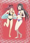  2girls akemi_homura bikini black_hair blush bow cap_(dkdm-d) crepe food hair_bow hairband jacket jacket_off_shoulders long_hair mahou_shoujo_madoka_magica multiple_girls open_mouth ponytail red_eyes redhead sakura_kyouko surprised swimsuit tagme 