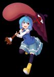  1girl blue_hair boots geta haruto_(hirokazu1001) heterochromia highres karakasa_obake open_mouth short_hair smile solo tagme tatara_kogasa tongue tongue_out touhou umbrella 