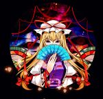  1girl armband black_background blonde_hair bow breasts covering_mouth dress eyeballs eyelashes fan folding_fan hair_bow hat hat_ribbon juliet_sleeves long_hair long_sleeves looking_at_viewer mob_cap nebula petals puffy_sleeves ribbon sky solo star_(sky) starry_sky tabard touhou trigram violet_eyes wrist_ribbon yakumo_yukari yaoshi_jun 