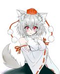  1girl animal_ears bare_shoulders blush breast_suppress breasts detached_sleeves hat inubashiri_momiji looking_at_viewer pom_pom_(clothes) red_eyes short_hair silver_hair simple_background solo tail tokin_hat touhou white_background wolf_ears wolf_tail 