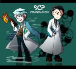  2boys artist_request black_hair bottle chibi copyright_name fire gears gears_(scp) glasses green_eyes iceberg_(scp) labcoat male molotov_cocktail multiple_boys necktie open_mouth scp_foundation standing tagme vest 