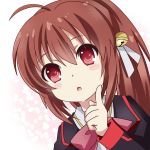  1girl absurdres ahoge blush_stickers brown_hair highres little_busters!! long_hair natsume_rin ponytail red_eyes school_uniform sharumon solo 