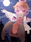  1girl bird_wings blush brown_legwear clouds dress fang flying full_moon glint hat jewelry kokorominton long_sleeves looking_at_viewer moon mystia_lorelei night no_shoes open_mouth outdoors outstretched_arm pantyhose pink_eyes pink_hair short_hair single_earring sky solo star_(sky) starry_sky touhou tree 