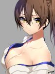  1girl artist_name bare_shoulders breasts brown_eyes brown_hair cleavage collarbone grey_background japanese_clothes kaga_(kantai_collection) kantai_collection large_breasts long_hair looking_at_viewer matarou_(genkai_toppa) off_shoulder short_hair side_ponytail simple_background solo 