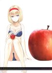  1girl alice_margatroid alternate_costume apple barefoot bikini blonde_hair blue_bikini blue_eyes breasts cleavage food fruit hairband highres knees_together_feet_apart large_breasts lolita_hairband looking_at_viewer nabeshima_tetsuhiro open_mouth oversized_object ribbon scan short_hair simple_background sitting solo swimsuit touhou 