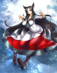  1girl animal_ears breasts brooch brown_hair dress fingernails imaizumi_kagerou jewelry large_breasts long_hair long_sleeves open_mouth red_eyes solo touhou umigarasu_(kitsune1963) wide_sleeves wolf_ears 