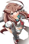  1girl ahoge blush brown_eyes brown_hair character_request from_above kantai_collection kuma_(kantai_collection) long_hair looking_at_viewer looking_up midriff panties shadow solo tagme unbuttoned underwear wavy_mouth zenra_yashiki 