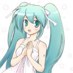  1girl aqua_eyes aqua_hair hair_ribbon hands_together hatsune_miku long_hair looking_at_viewer miyo_(scarlet) open_mouth ribbon solo twintails vocaloid white_background 
