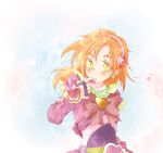  1girl arm_warmers blush cure_bloom detached_sleeves dress earrings eyelashes fingerless_gloves futari_wa_precure_splash_star galaxy0202 gloves hair_down heart hyuuga_saki jewelry long_hair magical_girl orange_hair pink_dress precure ribbon solo yellow_eyes 