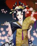  1girl black_hair eyeliner facepaint fan folding_fan geisha hair_ornament hair_stick headgear japanese_clothes kawano_takuji kazama_jun kimono lipstick makeup namco official_art petals pipe short_hair solo tekken 