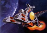  70s earth gundam mobile_suit_gundam official_art oldschool ookawara_kunio production_art promotional_art realistic science_fiction signature space space_craft star_(sky) traditional_media white_base 