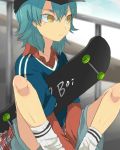  1boy aqua_hair hat inazuma_eleven_(series) inazuma_eleven_go kariya_masaki long_hair male shirota69 sitting skateboard solo 