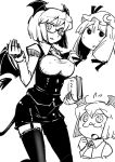  2girls alternate_hair_length alternate_hairstyle bespectacled book breasts crescent garter_straps glasses hat head_wings highres holding koakuma large_breasts maru_rx monochrome multiple_girls patchouli_knowledge sketch tail thigh-highs touhou wings 