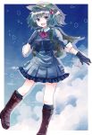 1girl adapted_costume backpack bag blue_dress blue_gloves boots bow dress folded_sleeves gloves hair_bow hat kawashiro_nitori key looking_at_viewer miyakure necklace_removed open_mouth smile solo touhou twintails vest 