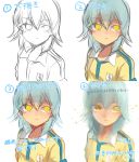  1boy aqua_hair inazuma_eleven_(series) inazuma_eleven_go kariya_masaki lightning_bolt long_hair male monochrome raimon shirota69 sketch soccer_uniform solo sportswear white_background work_in_progress yellow_eyes 